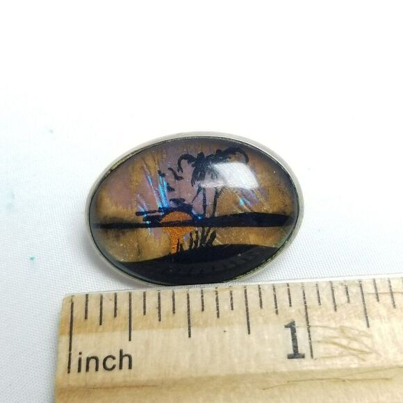 Vintage Butterfly Wing Oval Shape Cabochon Brooch, Tropical Palm Tree Landscape - Picture 4 of 6